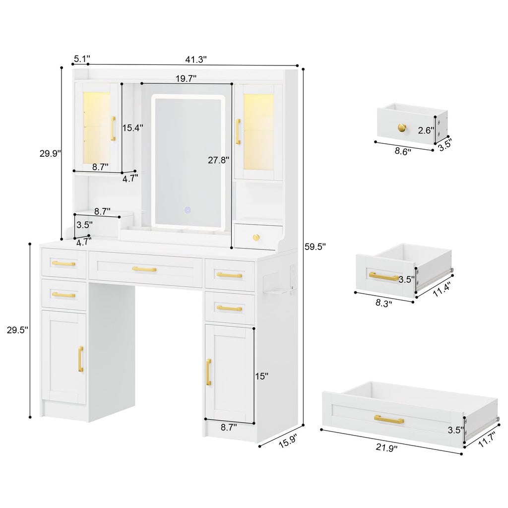 White Vanity Desk with Mirror, LED Lights and Power Outlet Q4424