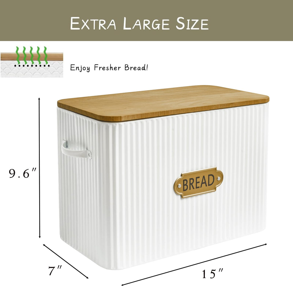 Extra Large White Vertical Stripes Bread Box with Wood Lid B83873