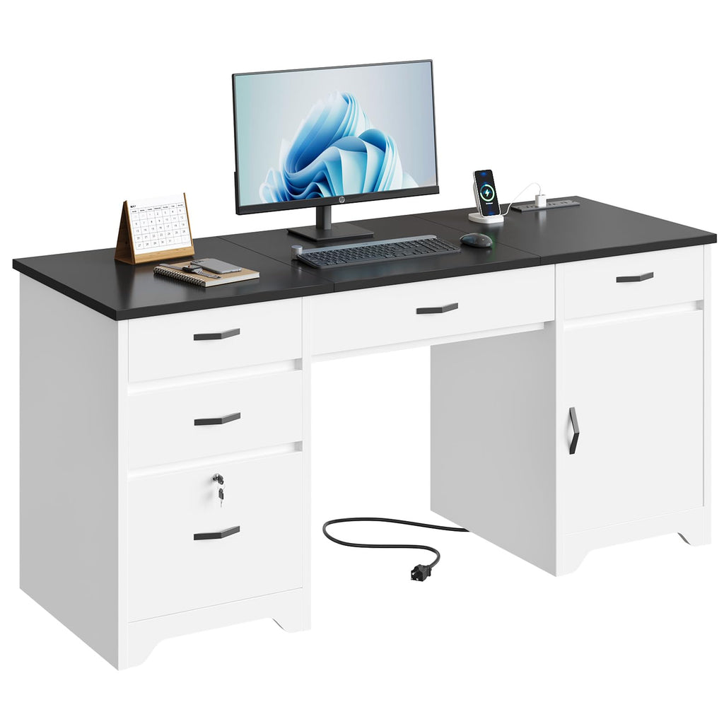 White Office Desk with Lockable Drawers and Charging Station E48937
