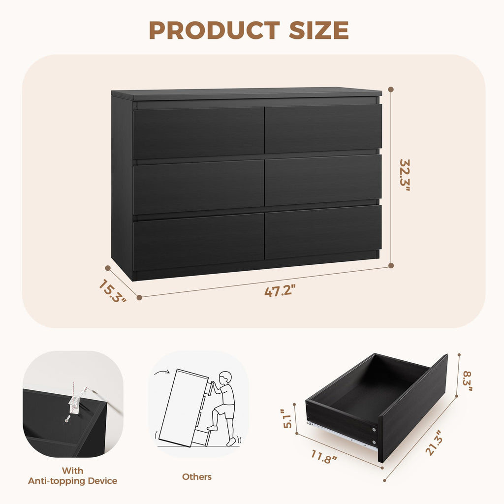 Black 6 Drawer Wood Double Dresser V459