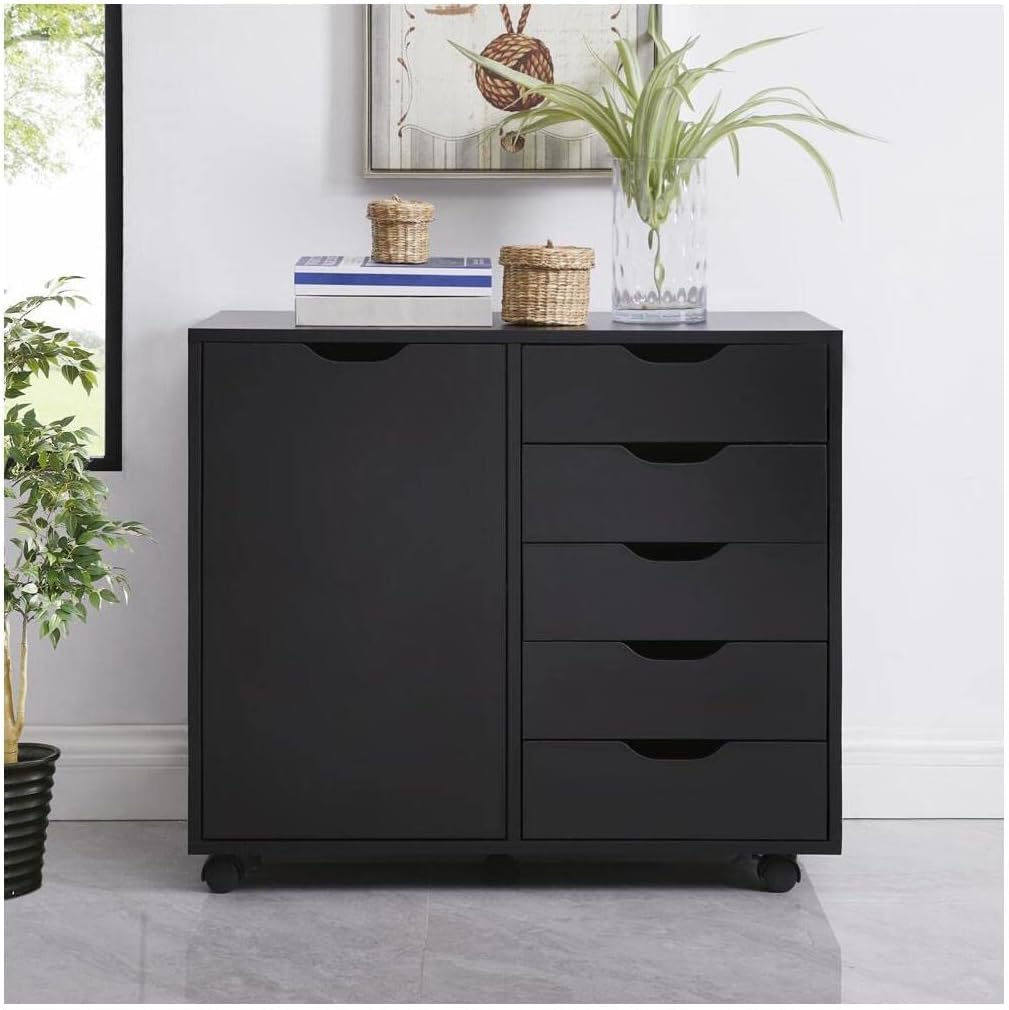 Black 5 Drawer Wood Storage Cabinet with Wheels M2098