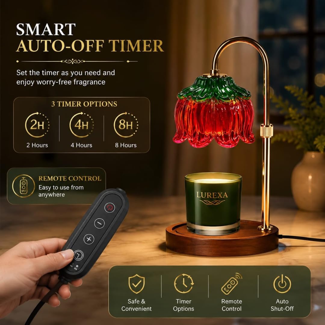 Adjustable Height Candle Warmer Lamp with Timer & Dimmer, Glass Lotus Wax Warmer, 2 GU10 50W Bulbs, Wooden Base E31984