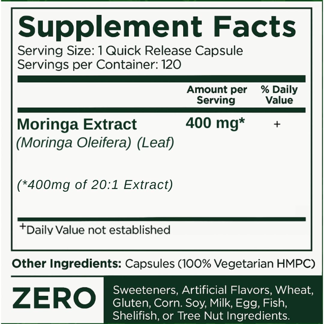 Moringa Capsules 400mg 20:1 Extract 120 Capsules I48594