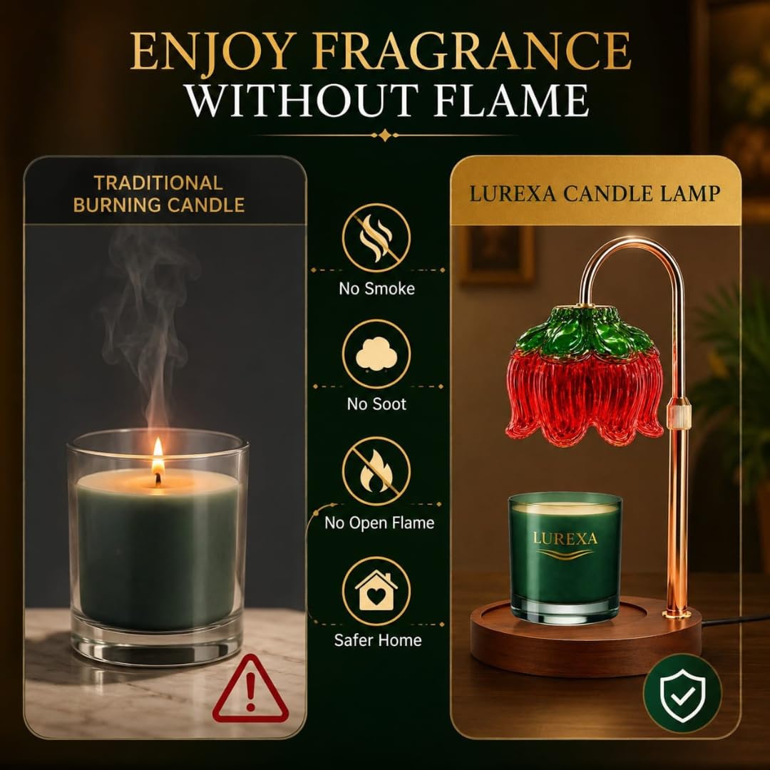 Adjustable Height Candle Warmer Lamp with Timer & Dimmer, Glass Lotus Wax Warmer, 2 GU10 50W Bulbs, Wooden Base E31984