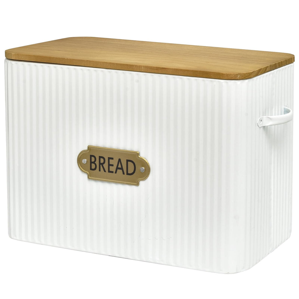 Extra Large White Vertical Stripes Bread Box with Wood Lid B83873