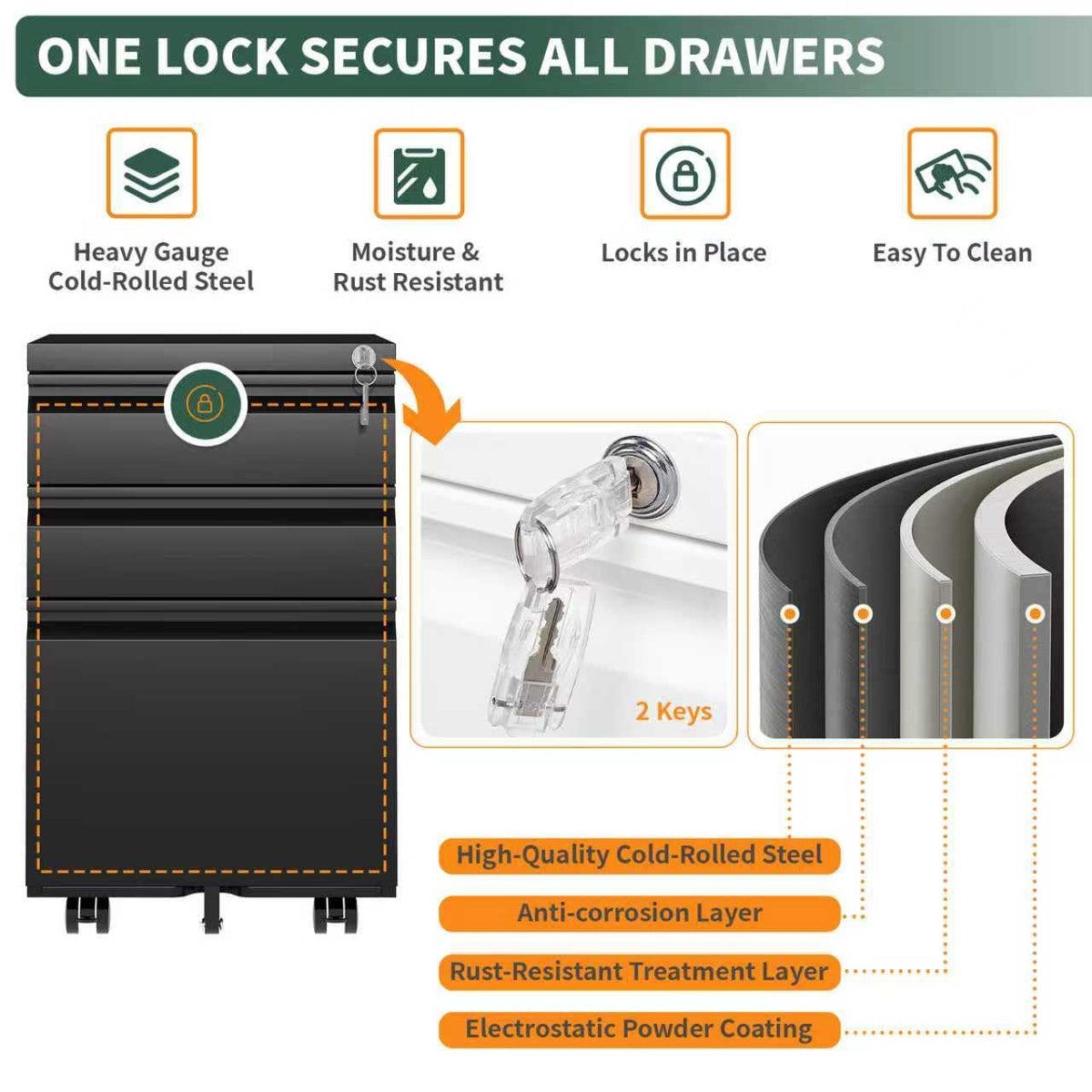 3 Drawer Black Steel File Cabinet with Lock A505524