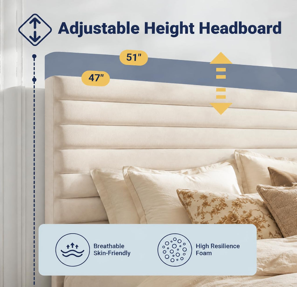 Queen Velvet Upholstered Bed Frame with Adjustable Headboard D596628