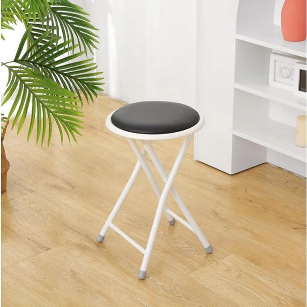 Portable Folding Stool, Upholstered Round Stool, Black 18In N405