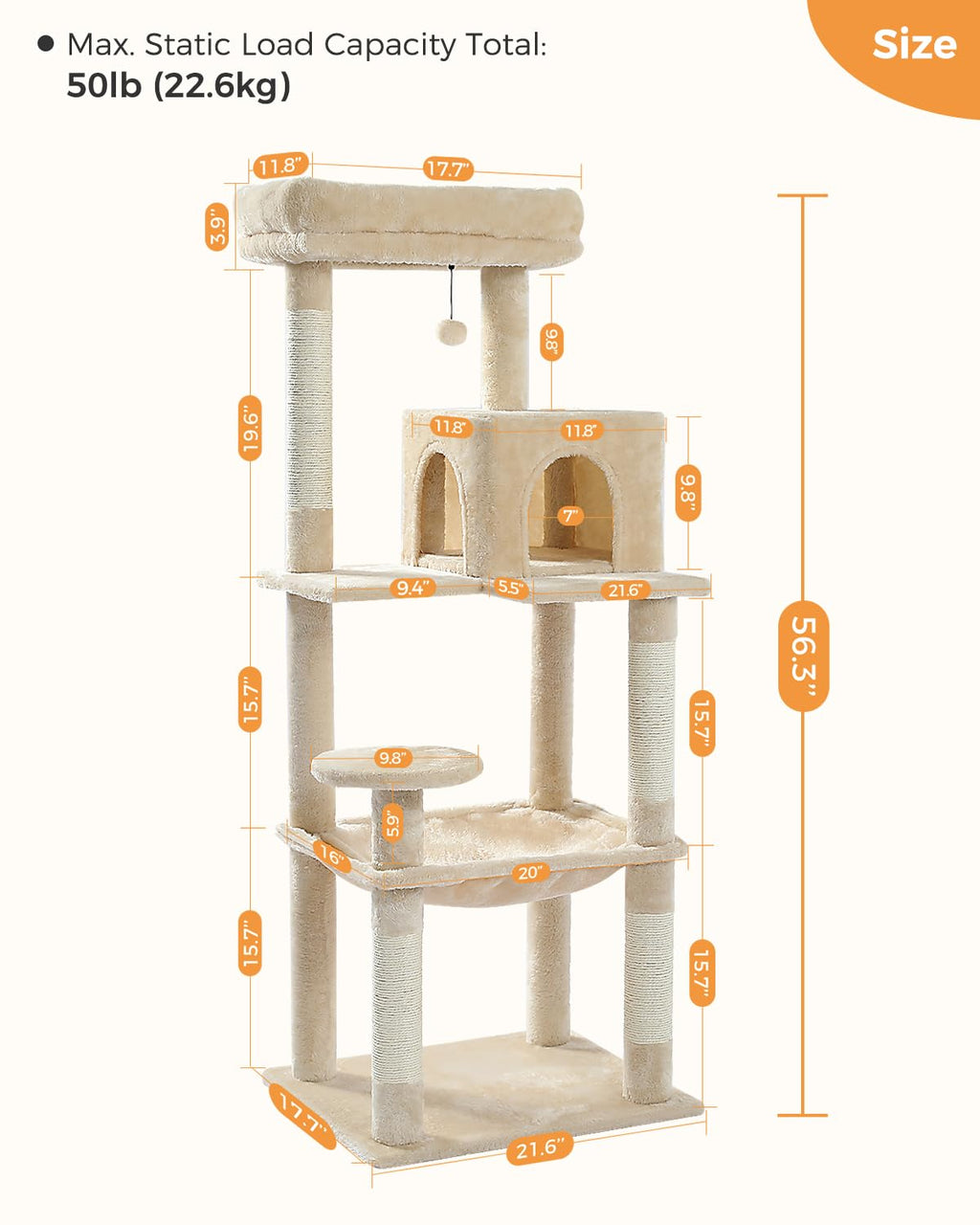 Beige 56.3" 6-Tier Cat Tree with Hammock and Condo C1531