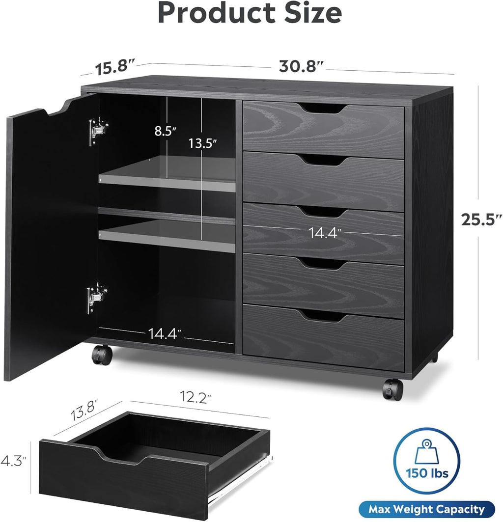 Black 5 Drawer Wood Storage Cabinet with Wheels M2098