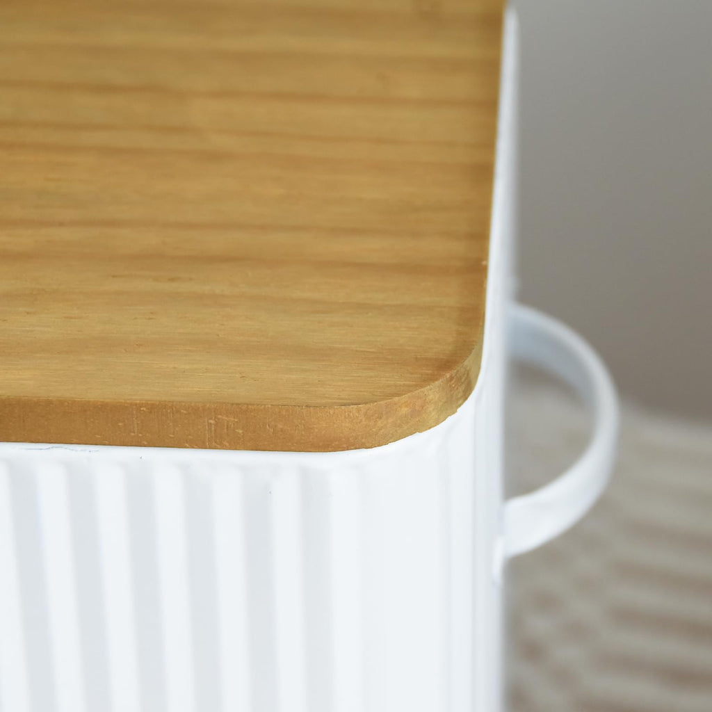 Extra Large White Vertical Stripes Bread Box with Wood Lid B83873
