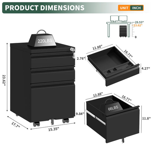 3 Drawer Black Steel File Cabinet with Lock A505524