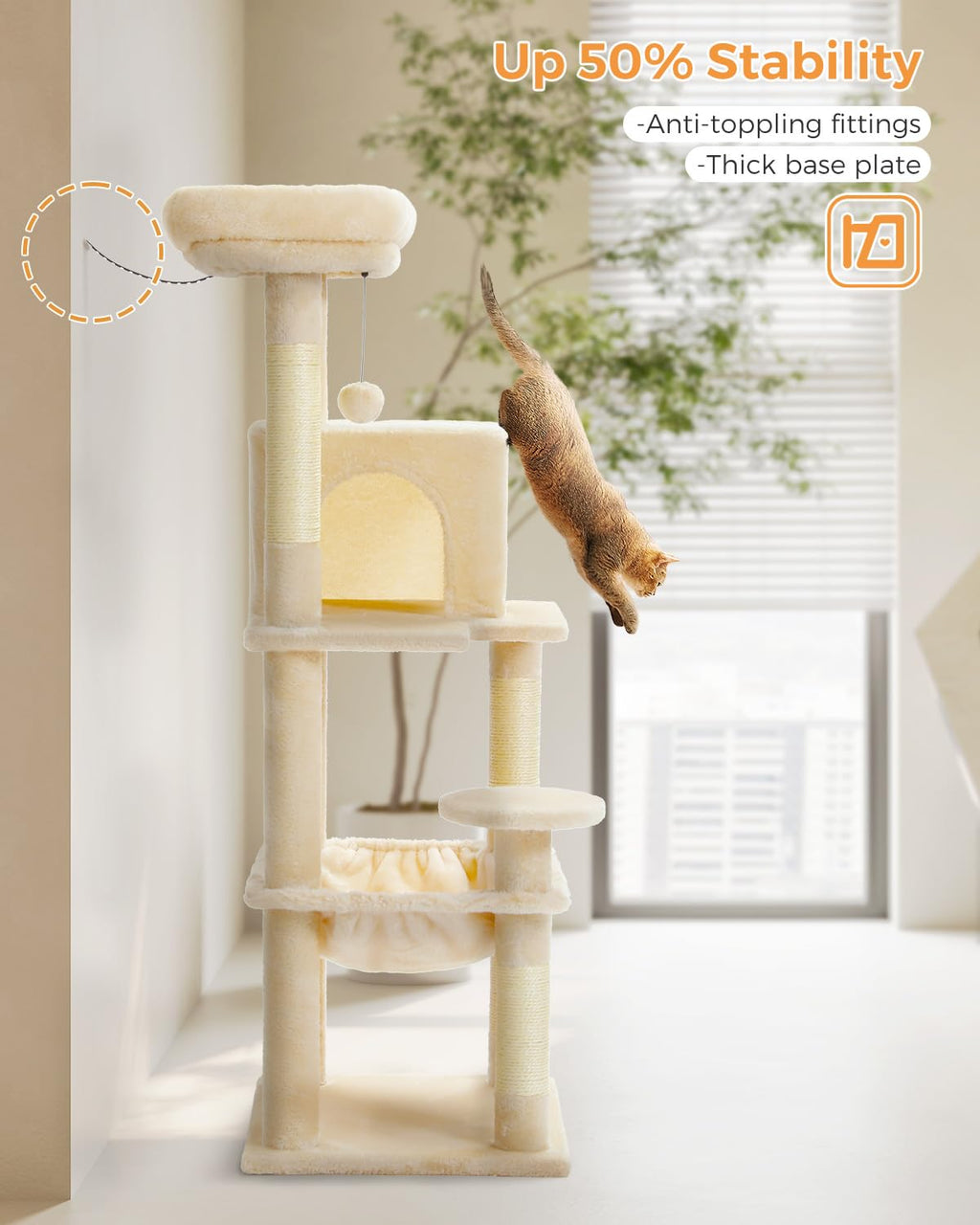 Beige 56.3" 6-Tier Cat Tree with Hammock and Condo C1531