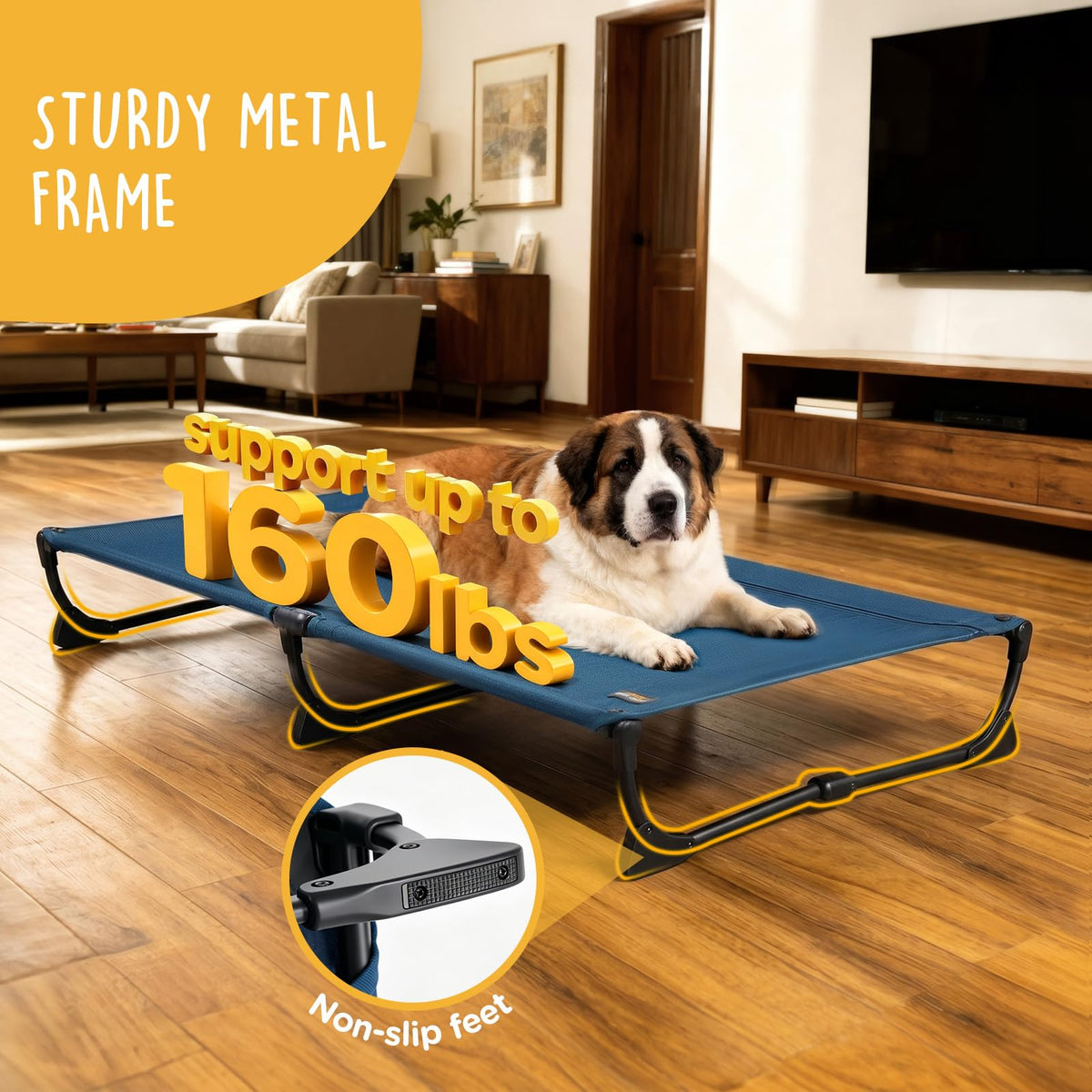 Large Elevated Dog Cot with Non-Slip Feet, Dark Blue T956993