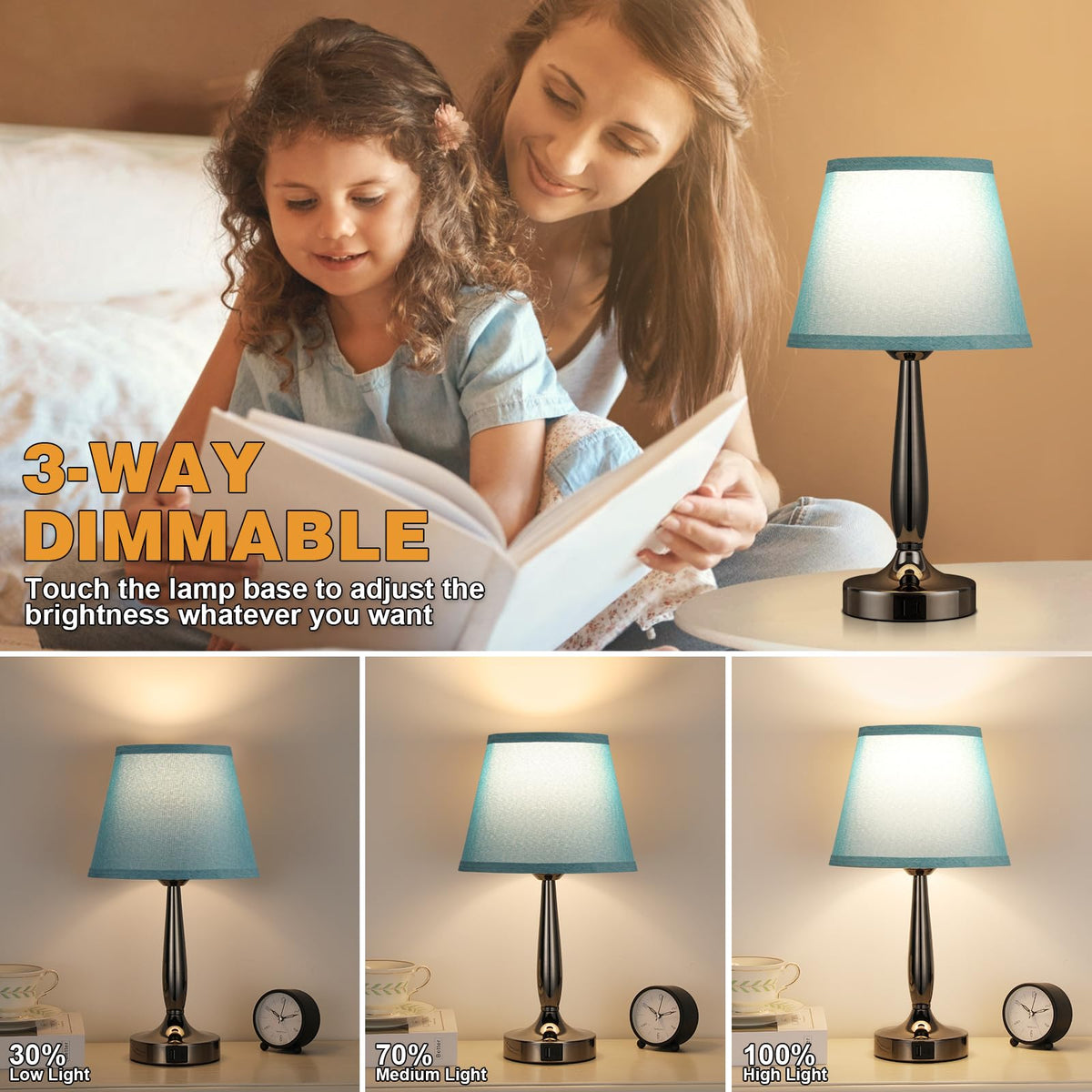 Touch Bedside Lamp with USB C Port, 3 Way Dimmable Turquoise Blue J557