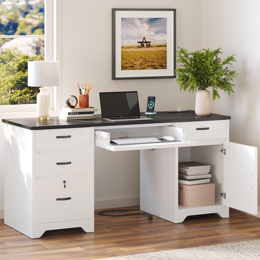 White Office Desk with Lockable Drawers and Charging Station E48937