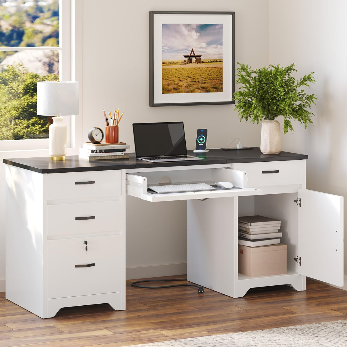 White Office Desk with Lockable Drawers and Charging Station E48937