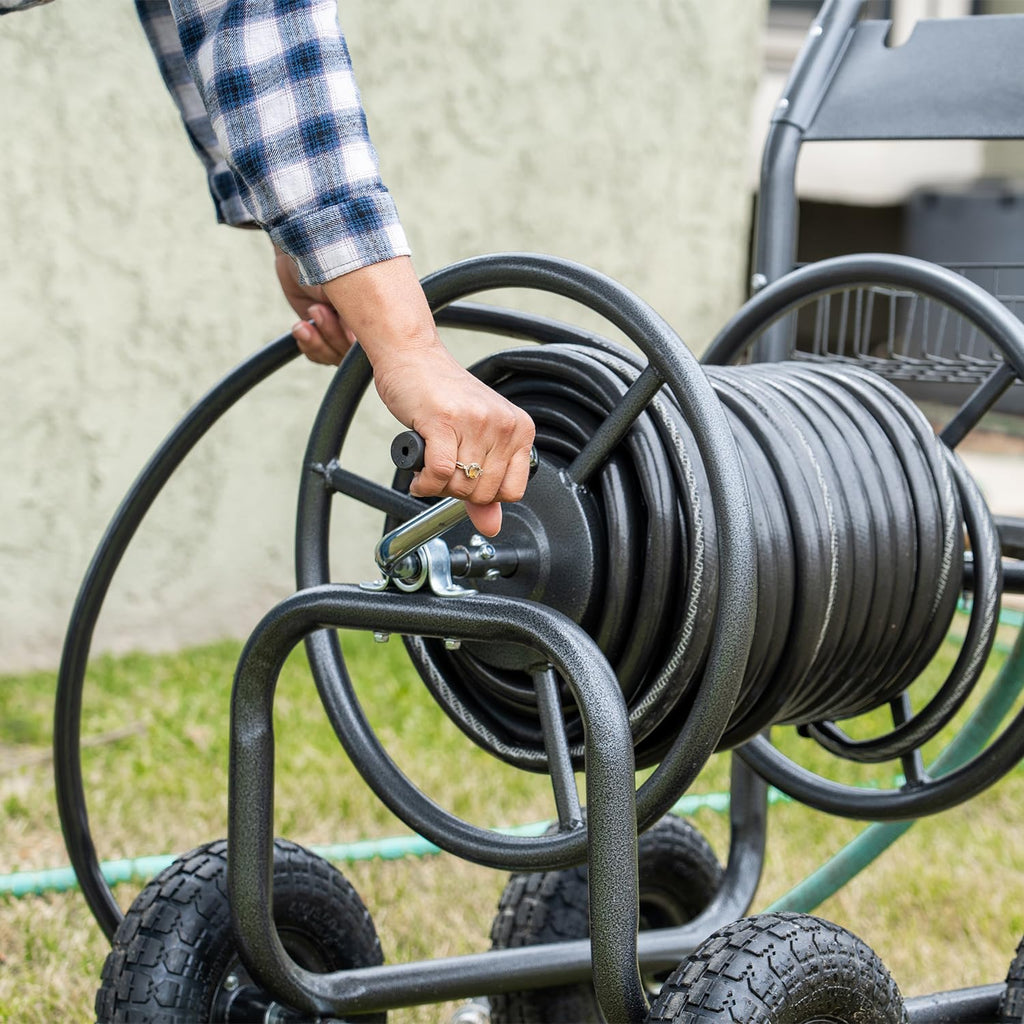 Hose Reel Cart with Wheels, 300-Feet Capacity, Grey L3492