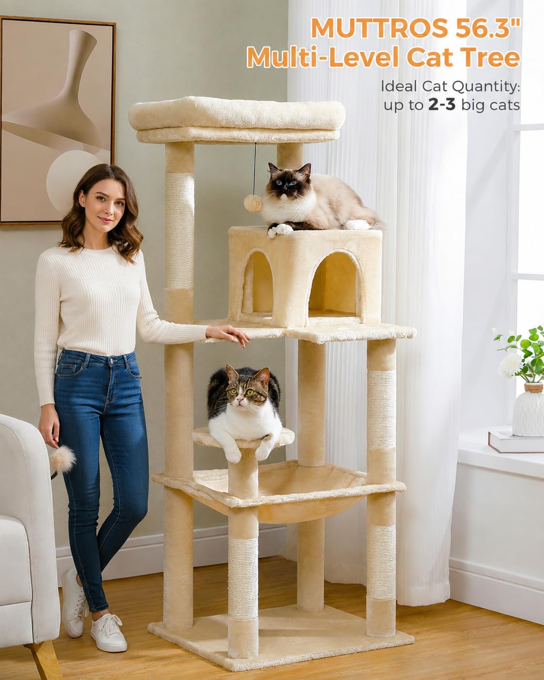 Beige 56.3" 6-Tier Cat Tree with Hammock and Condo C1531