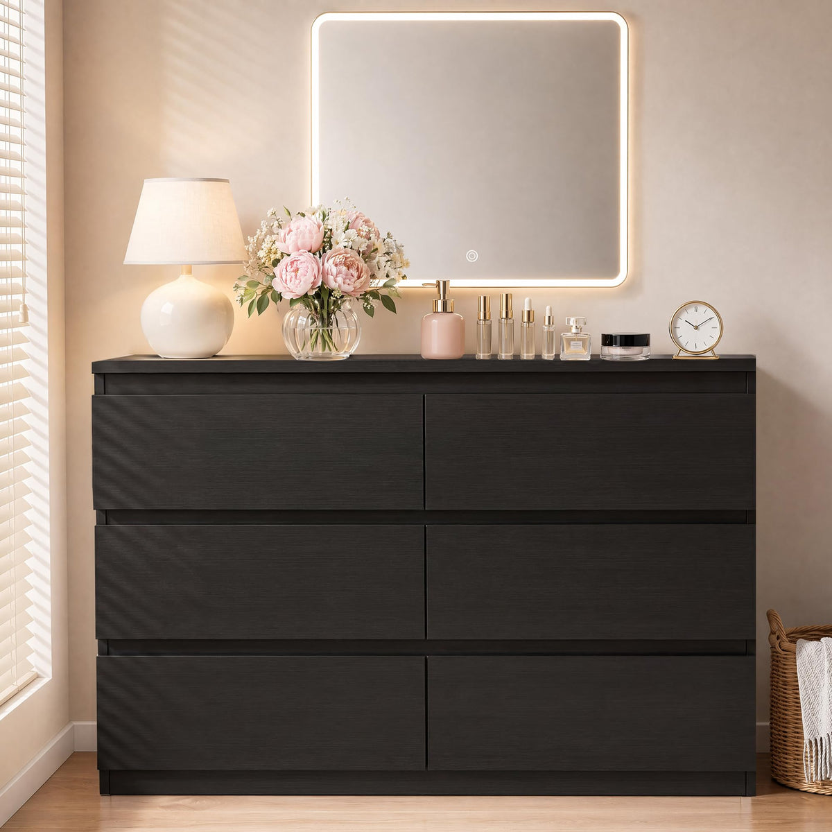 Black 6 Drawer Wood Double Dresser V459