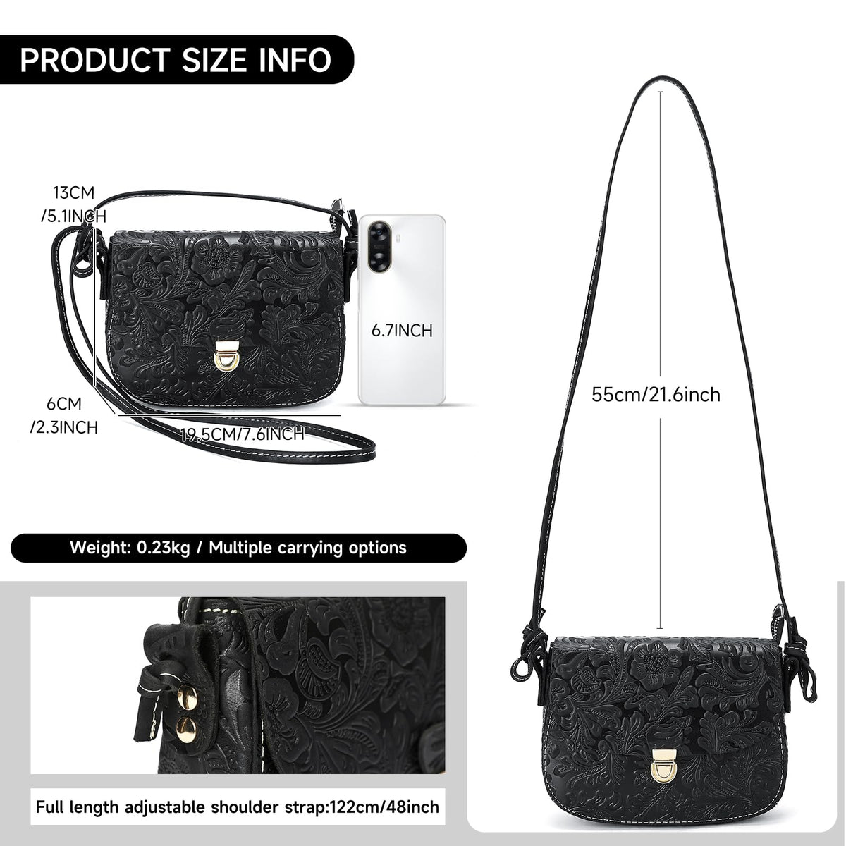 Genuine Leather Floral Embossed Crossbody Bag I89040