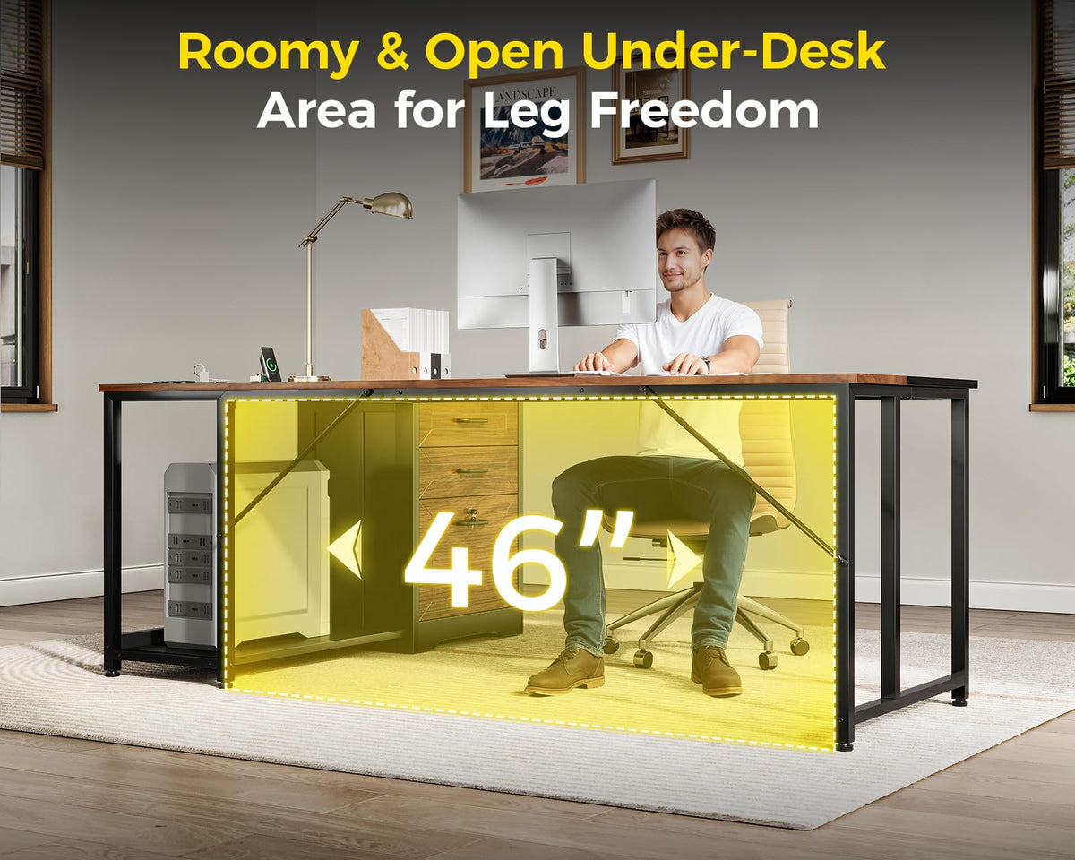 61" L Shaped Office Desk with Wood Drawers T30418