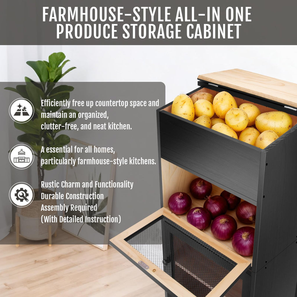 Black Stackable Wooden Potato Onion Storage Bin with Lid M87668