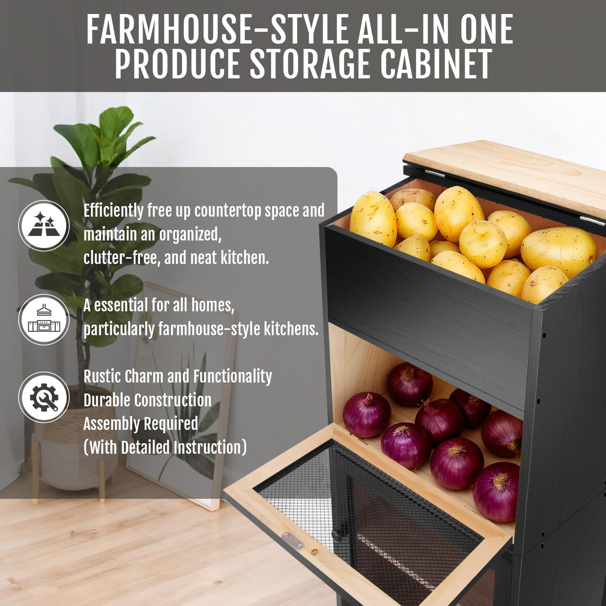 Black Stackable Wooden Potato Onion Storage Bin with Lid M87668