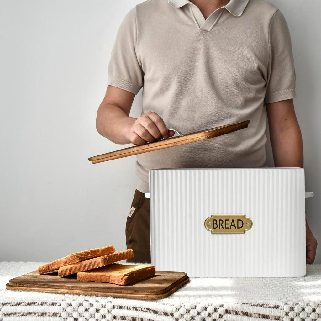 Extra Large White Vertical Stripes Bread Box with Wood Lid B83873