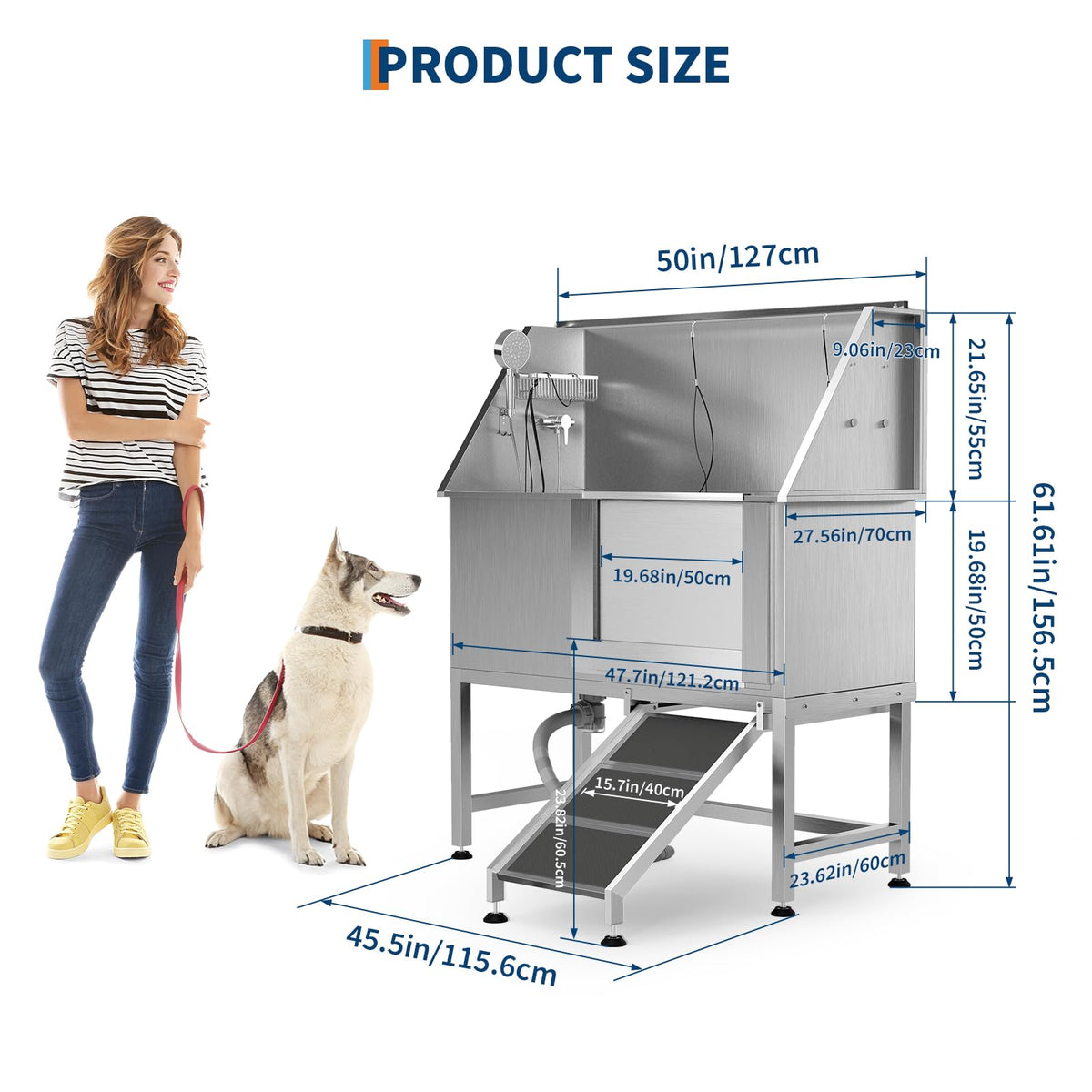 50 Inch Stainless Steel Dog Washing Station with Non-Slip Ramp I82227