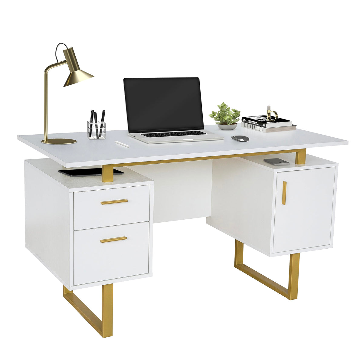 51"W Computer Desk with 2 Drawers & Storage Cabinet J727