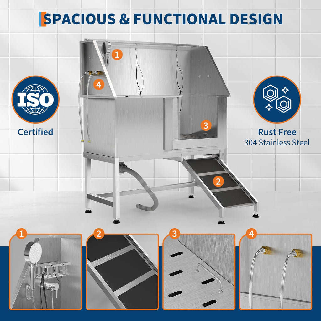 50 Inch Stainless Steel Dog Washing Station with Non-Slip Ramp I82227