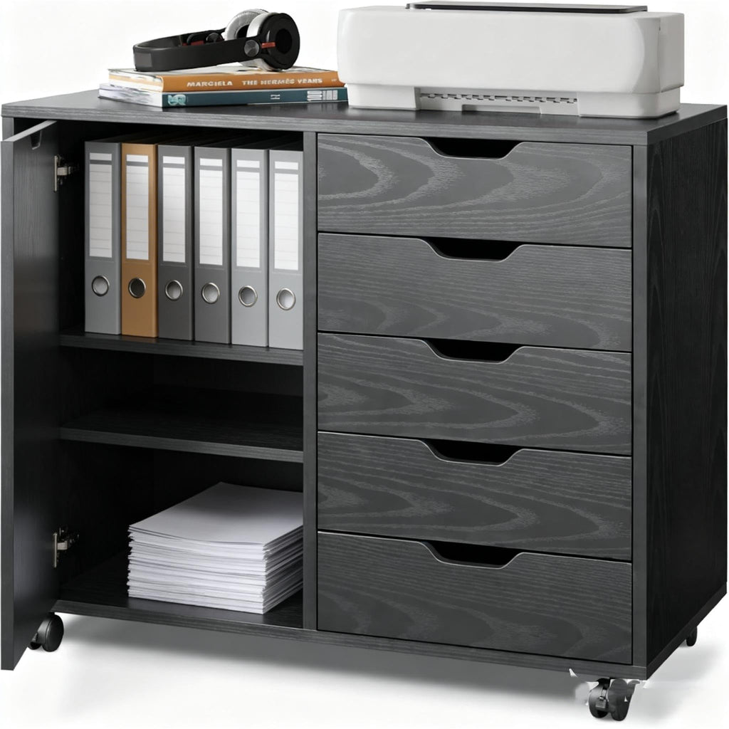 Black 5 Drawer Wood Storage Cabinet with Wheels M2098