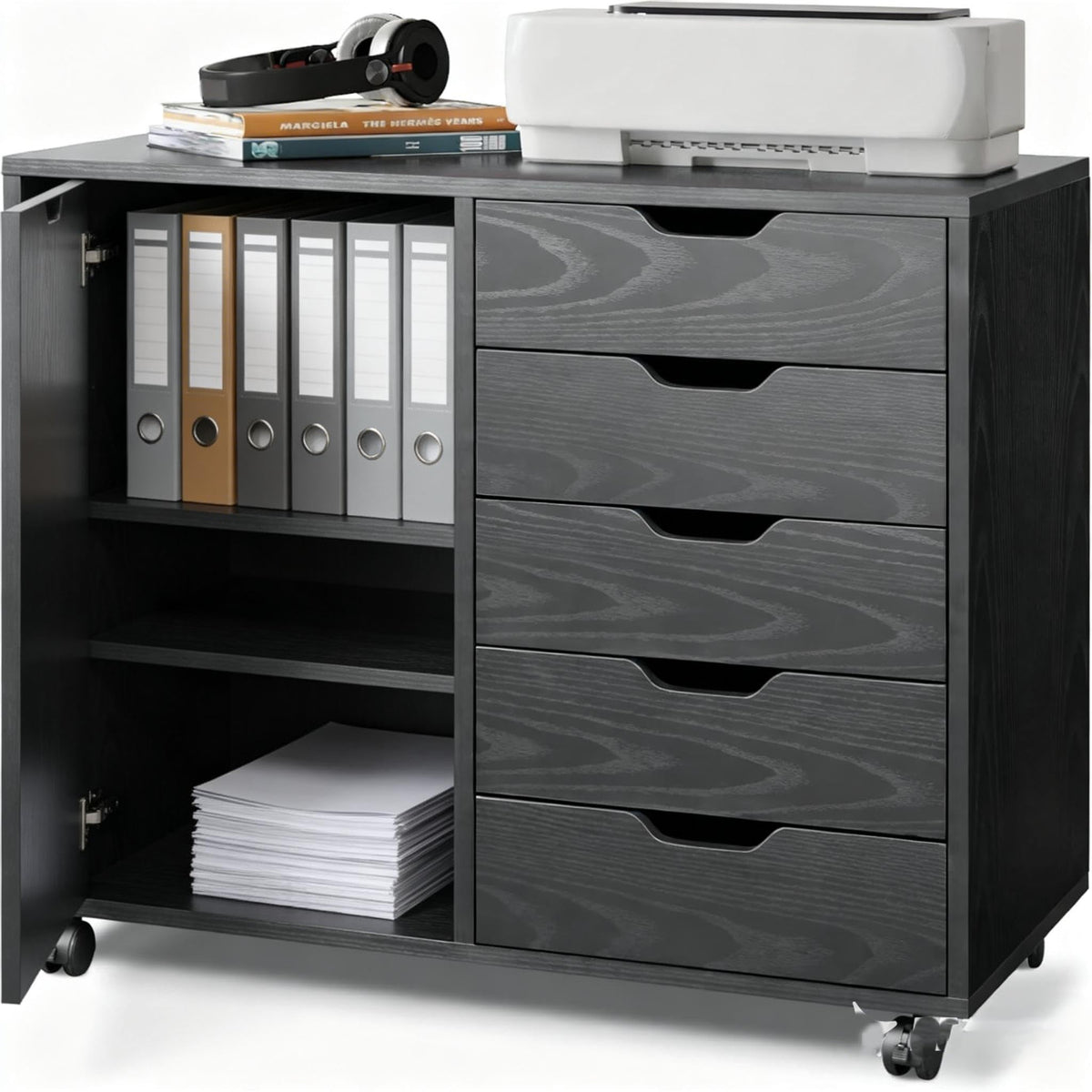 Black 5 Drawer Wood Storage Cabinet with Wheels M2098