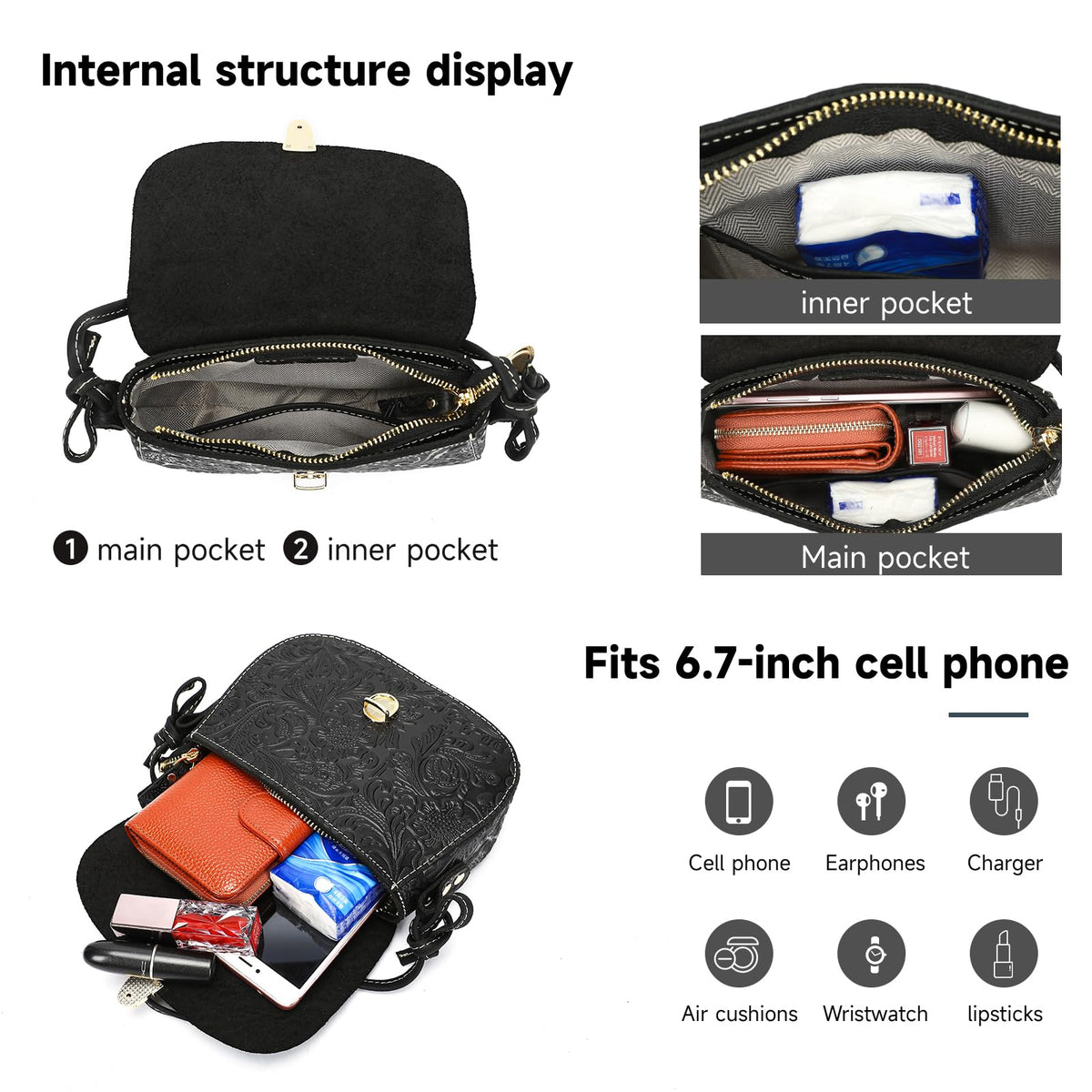Genuine Leather Floral Embossed Crossbody Bag I89040