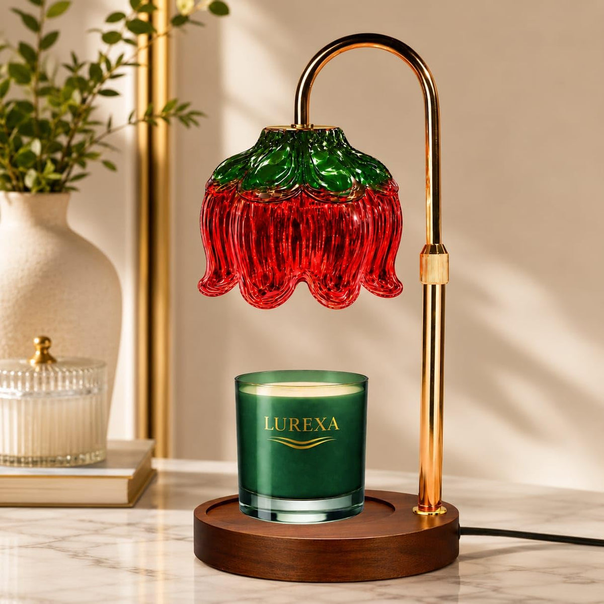 Adjustable Height Candle Warmer Lamp with Timer & Dimmer, Glass Lotus Wax Warmer, 2 GU10 50W Bulbs, Wooden Base E31984