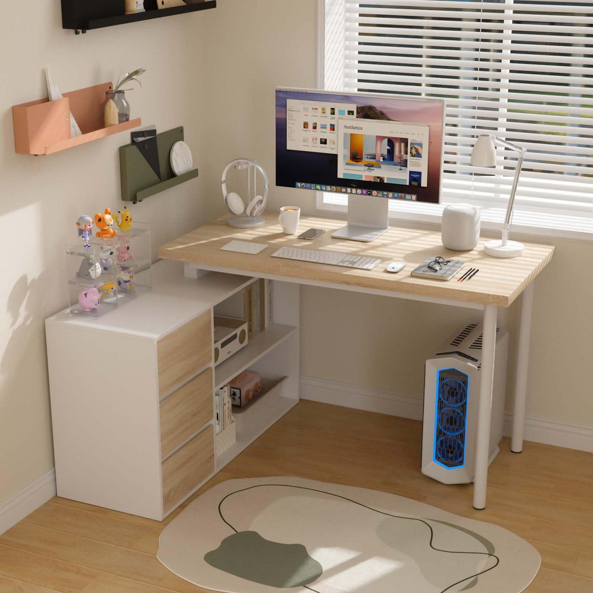 L Shaped Computer Desk with File Drawers & Storage Shelves V378049