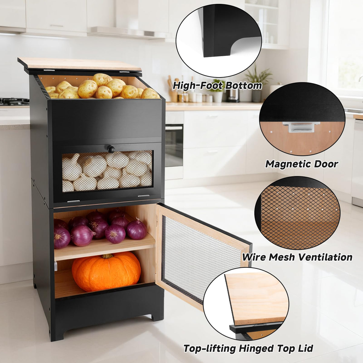 Black Stackable Wooden Potato Onion Storage Bin with Lid M87668