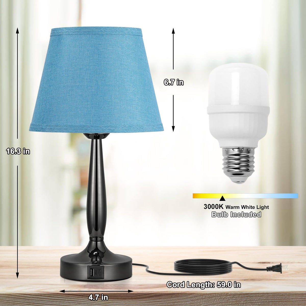 Touch Bedside Lamp with USB C Port, 3 Way Dimmable Turquoise Blue J557