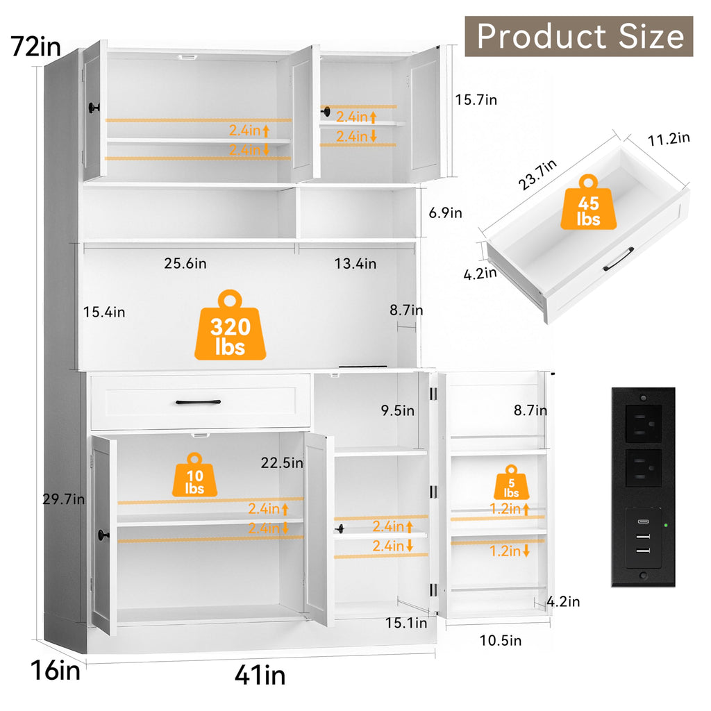 72" Kitchen Pantry Cabinet with LED Light and Charging Station F773