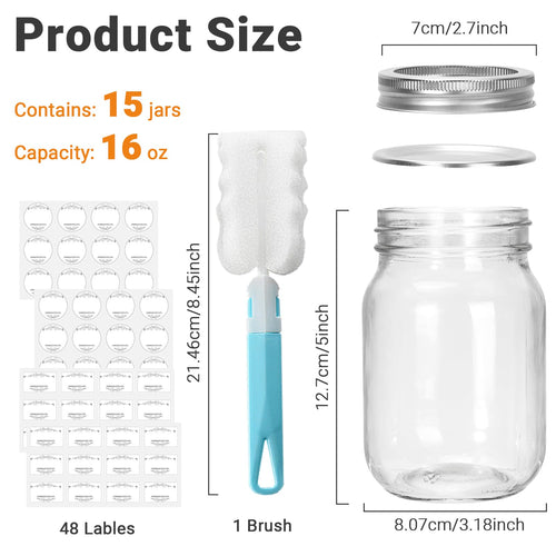 16 oz Clear Glass Mason Jars with Lids, 15 Pack L476850