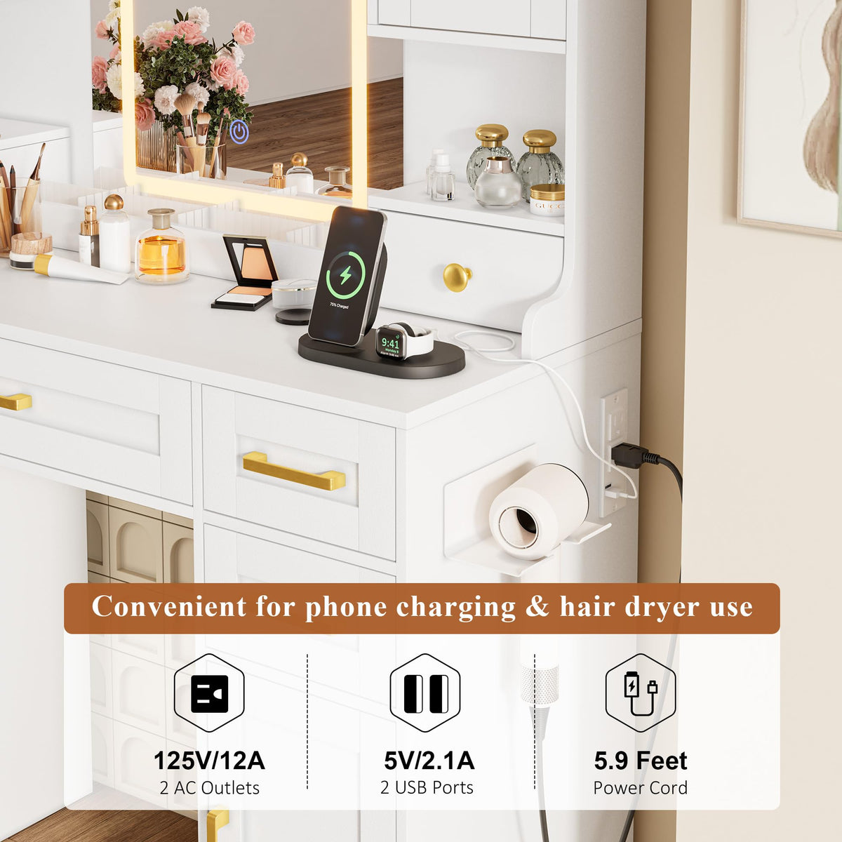 White Vanity Desk with Mirror, LED Lights and Power Outlet Q4424