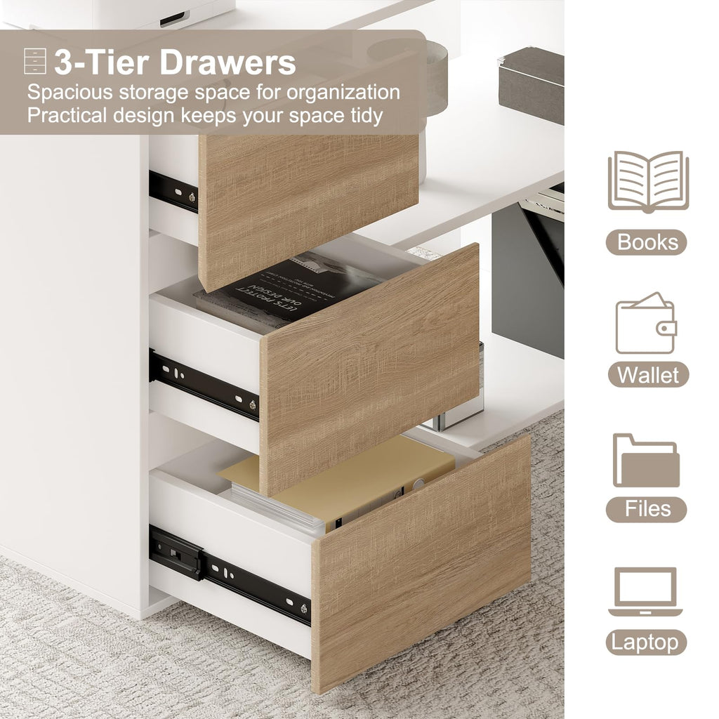 L Shaped Computer Desk with File Drawers & Storage Shelves V378049