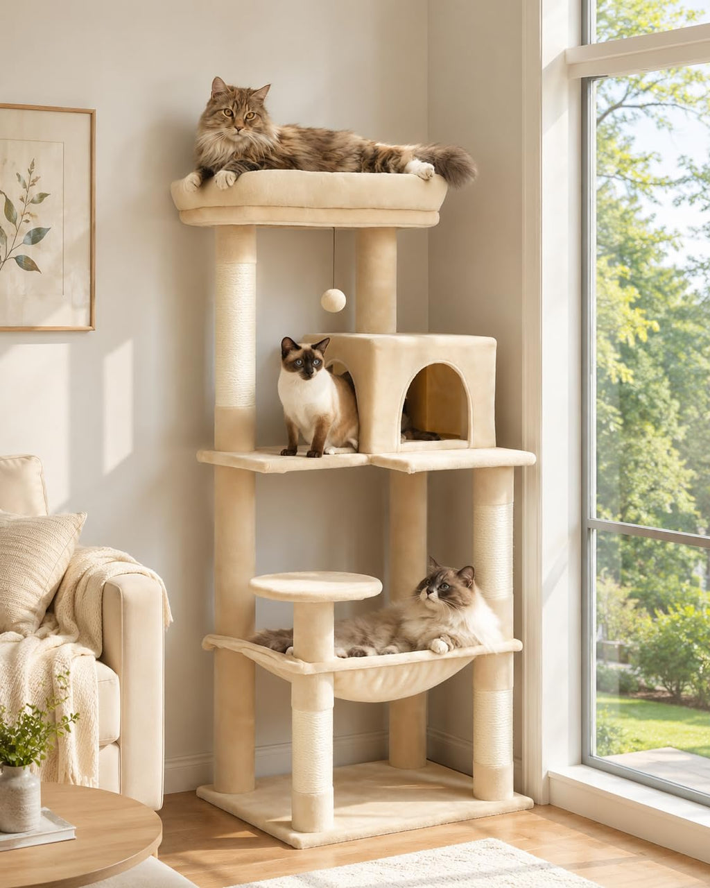 Beige 56.3" 6-Tier Cat Tree with Hammock and Condo C1531