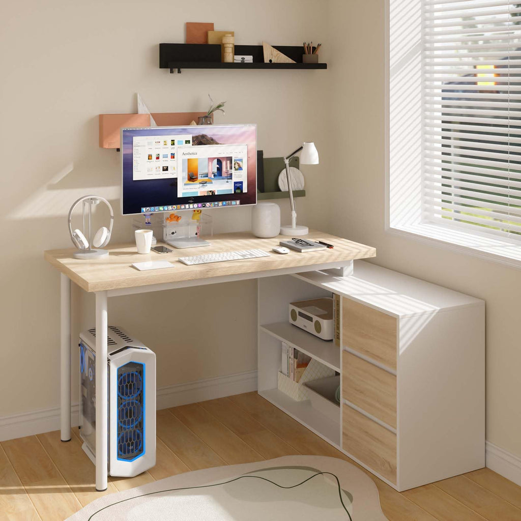 L Shaped Computer Desk with File Drawers & Storage Shelves V378049