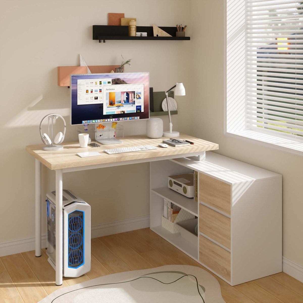 L Shaped Computer Desk with File Drawers & Storage Shelves V378049