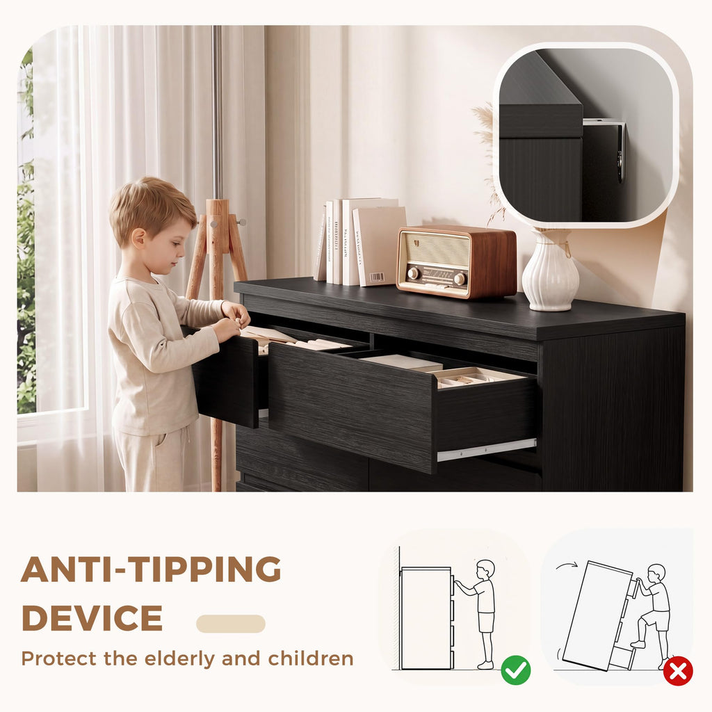 Black 6 Drawer Wood Double Dresser V459