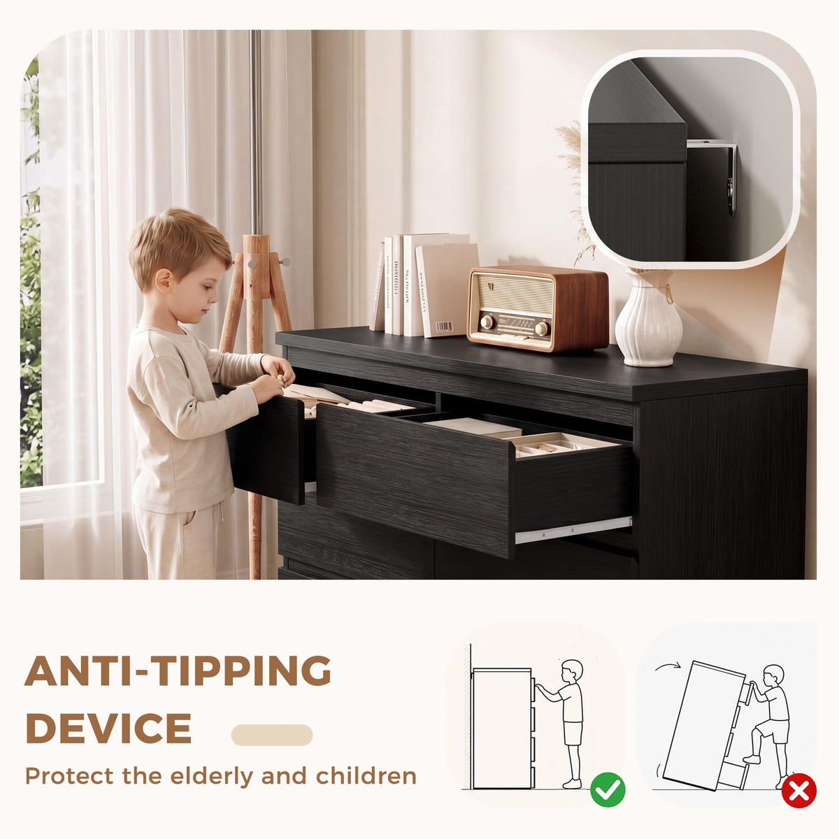 Black 6 Drawer Wood Double Dresser V459