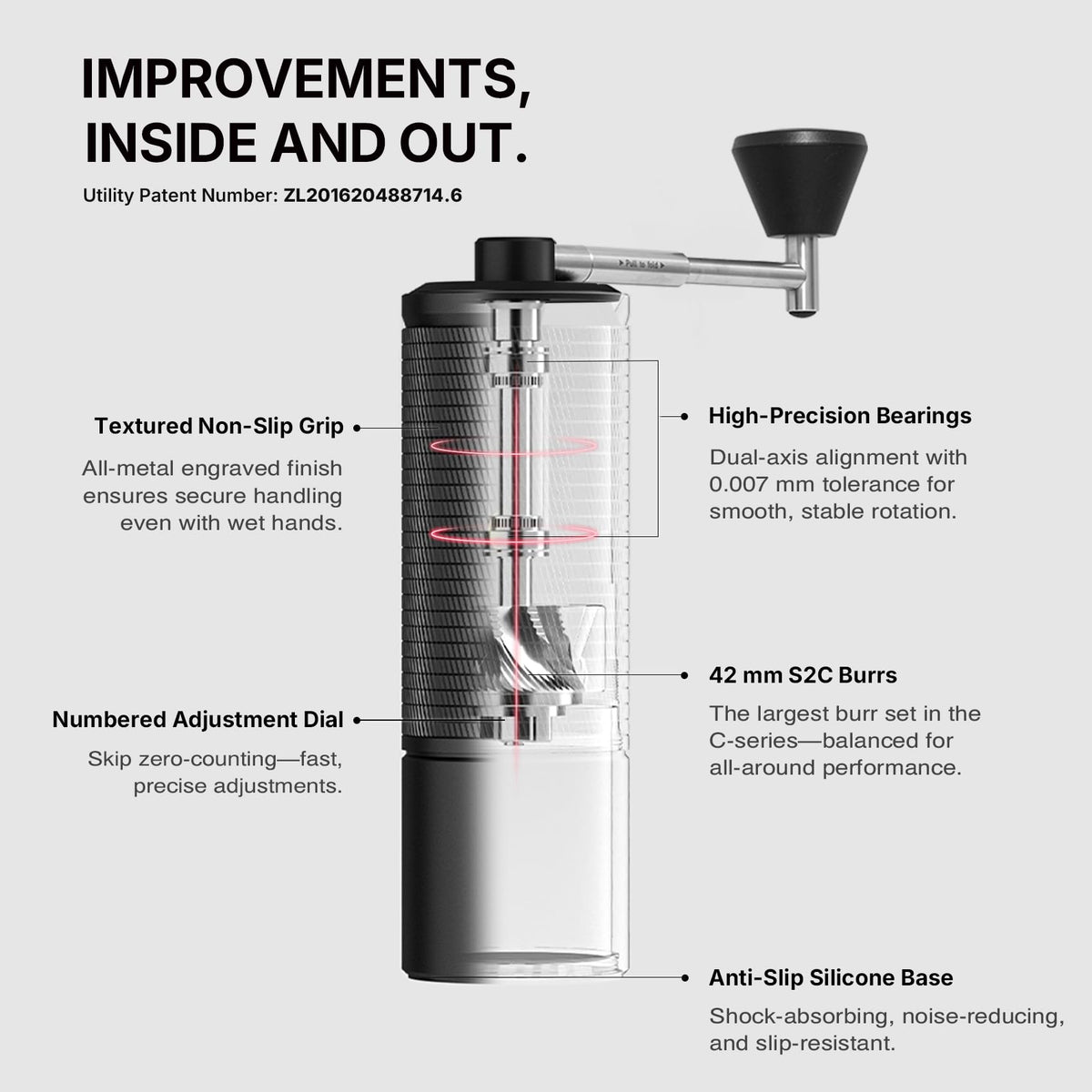 Manual Coffee Grinder with Conical Burr, Portable Hand Coffee Mill - Black N629