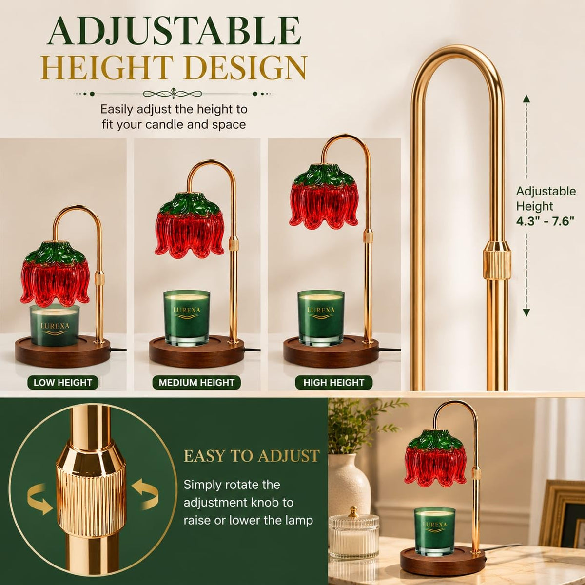 Adjustable Height Candle Warmer Lamp with Timer & Dimmer, Glass Lotus Wax Warmer, 2 GU10 50W Bulbs, Wooden Base E31984